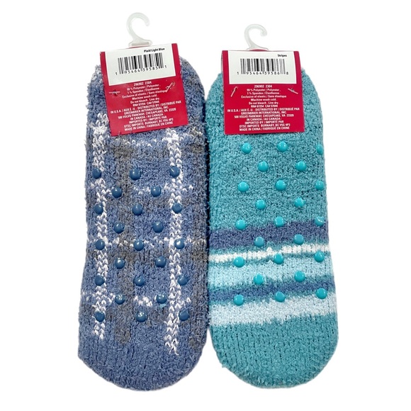 🎁 SNUGADOO Soft Fuzzy Non-Slip Adult Socks Blue Plaid & Green Stripes Set NWT - Picture 2 of 5